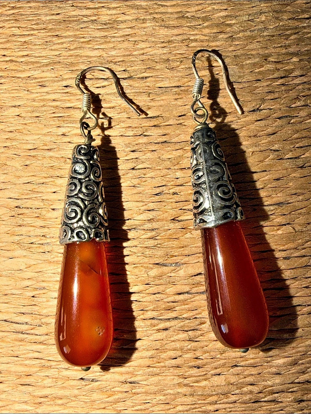 Carnelian columns & Silver detailed scrolled Dangle Earrings pierced